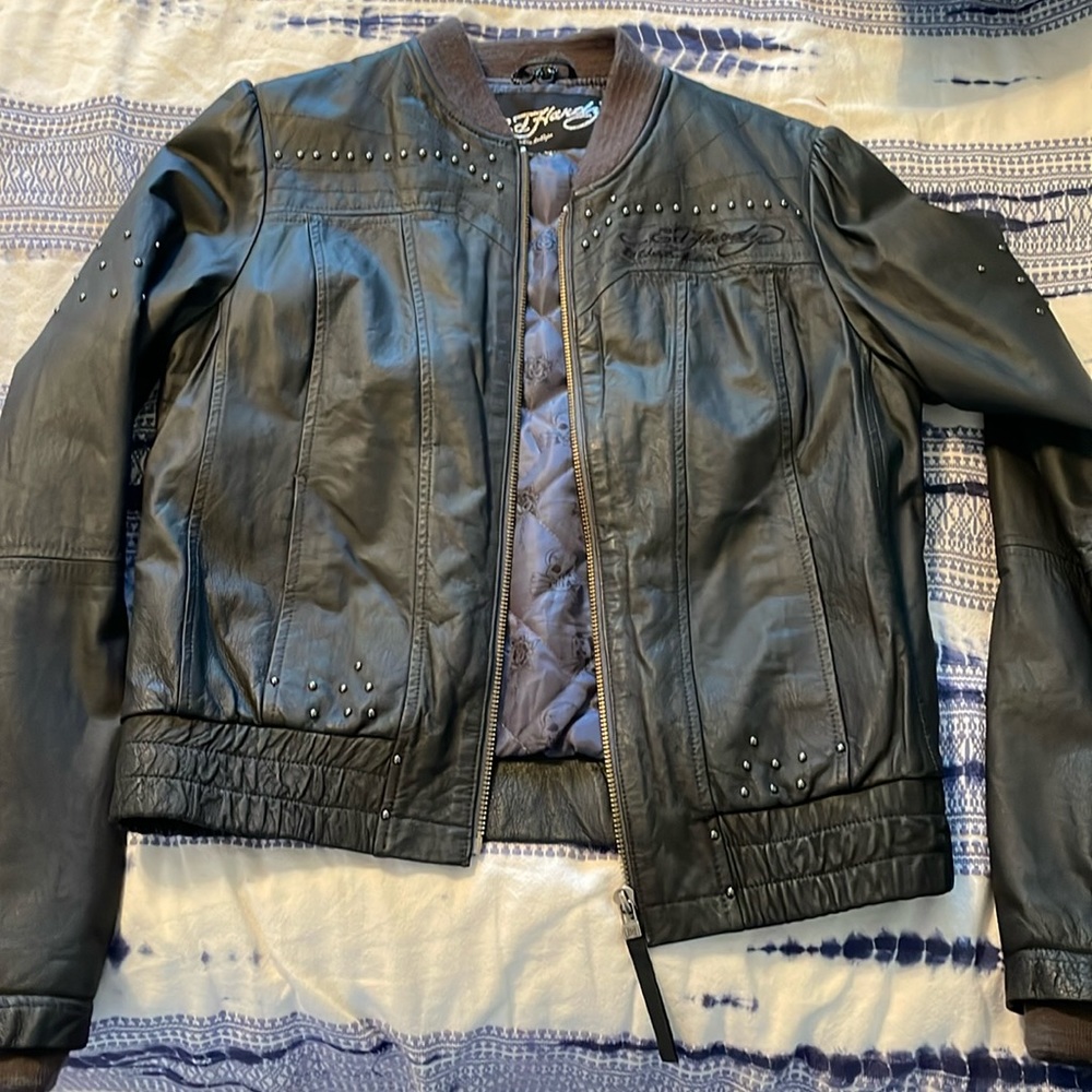 Ed Hardy Classic Black Leather Bomber